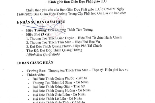 DANH SÁCH BAN GIÁM HIỆU, BAN GIẢNG HUẤN VÀ CHƯƠNG TRÌNH ĐÀO TẠO TRUNG CẤP PHẬT HỌC TỈNH GIA LAI