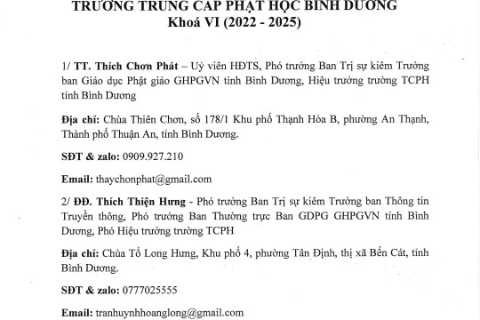 DANH SÁCH BAN GIÁM HIỆU, BAN GIẢNG HUẤN VÀ CHƯƠNG TRÌNH ĐÀO TẠO TRUNG CẤP PHẬT HỌC TỈNH BÌNH DƯƠNG KHÓA VI (2022-2025)