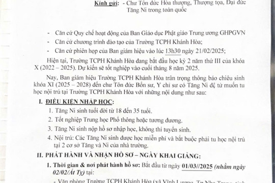Trường Trung cấp Phật học Khánh Hòa chiêu sinh Khóa XI (2025-2028)