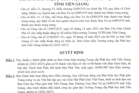 DANH SÁCH BAN GIÁM HIỆU, GIÁO THỌ VÀ CHƯƠNG TRÌNH ĐÀO TẠO TRUNG CẤP PHẬT HỌC TỈNH TIỀN GIANG (2022-2027)