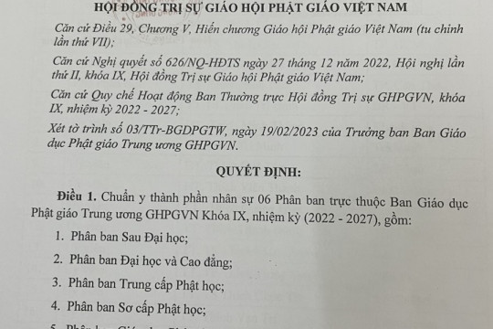 QUYẾT ĐỊNH CHUẨN Y NHÂN SỰ CÁC PHÂN BAN TRỰC THUỘC BAN GDPGTW KHÓA IX, NGHIỆM KỲ (2022 - 2027)