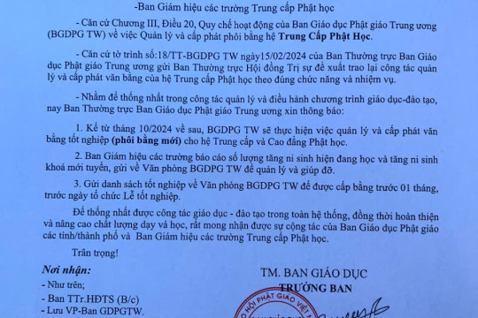 Thông báo V/v Quản lý tăng ni sinh và cấp phát văn bằng Trung cấp Phật học